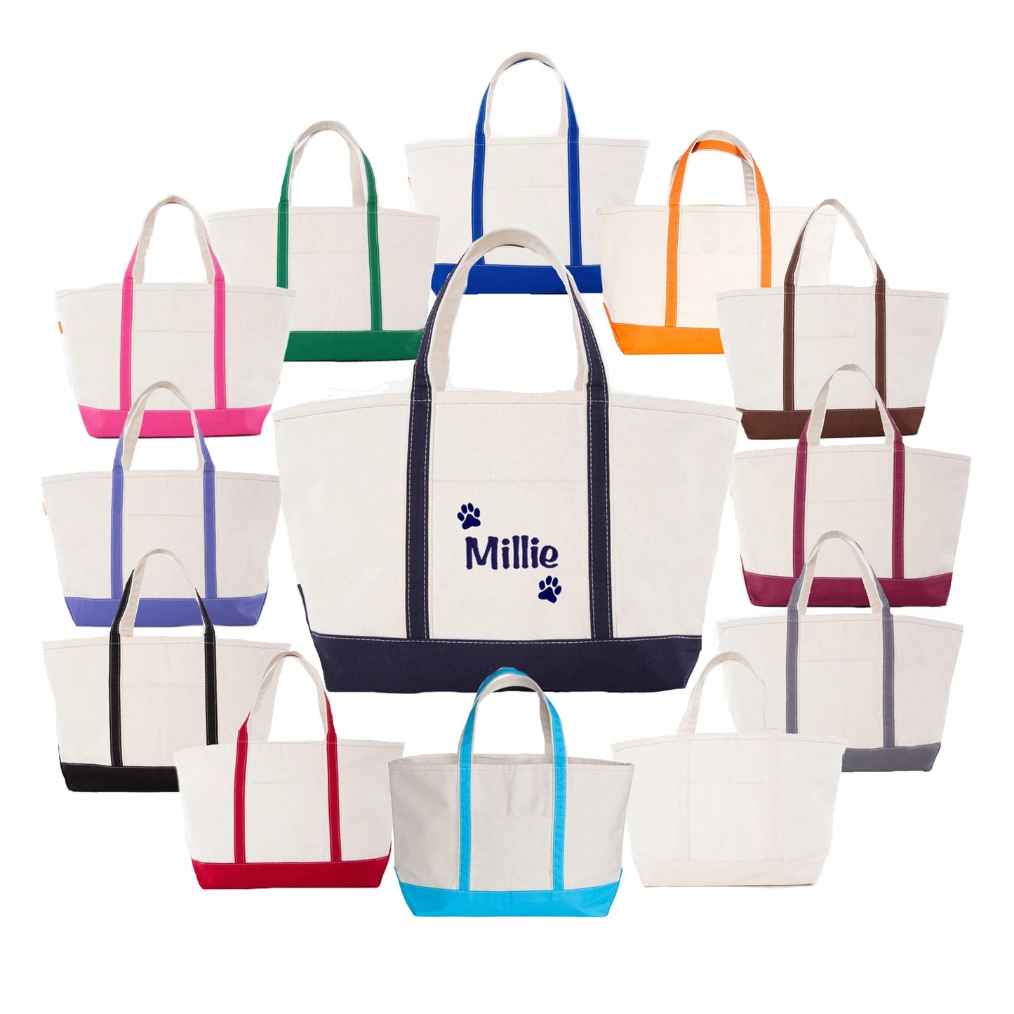 Set of colorful tote bags with different color handles on a white background