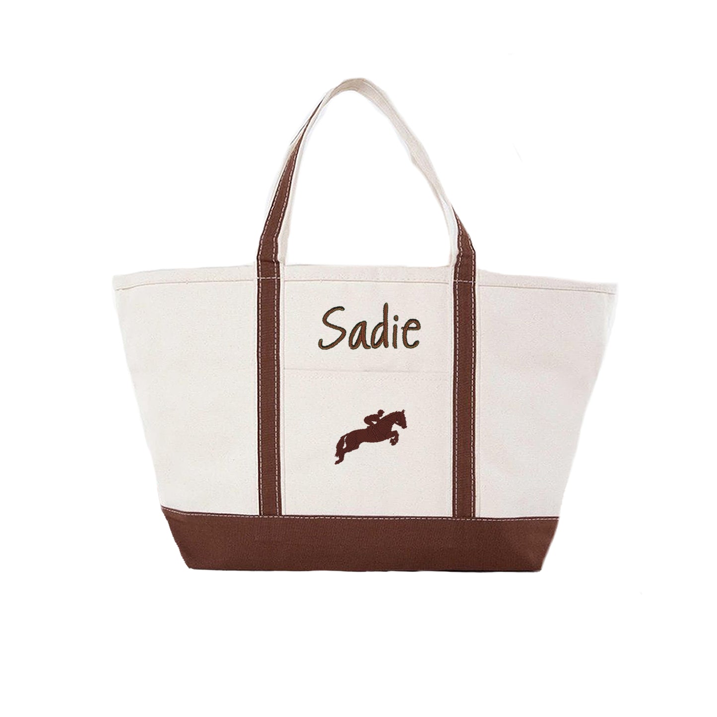 Canvas tote bag with brown accents and embroidered horse and rider design on a white background