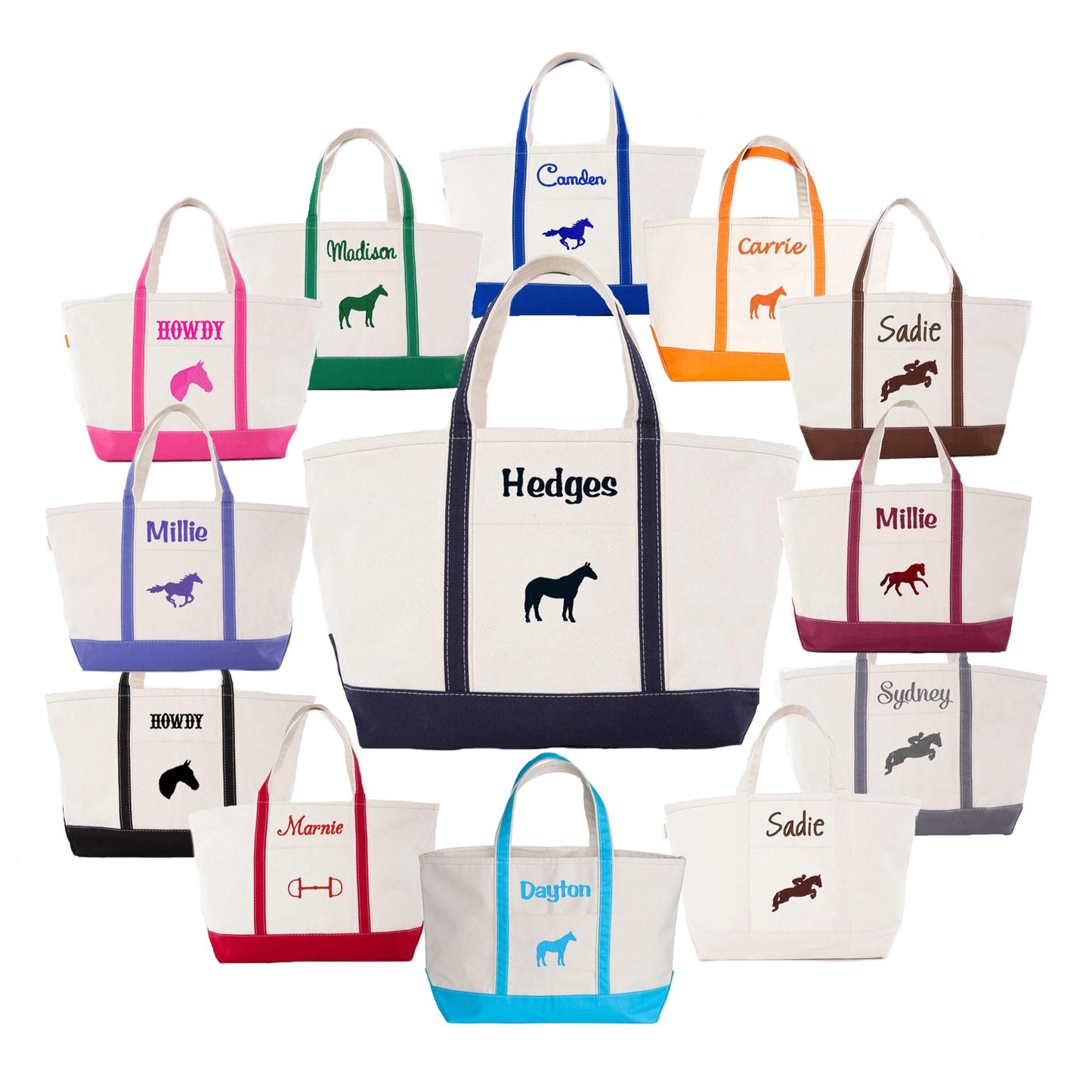 Collection of personalized tote bags with various names and horse designs on a white background