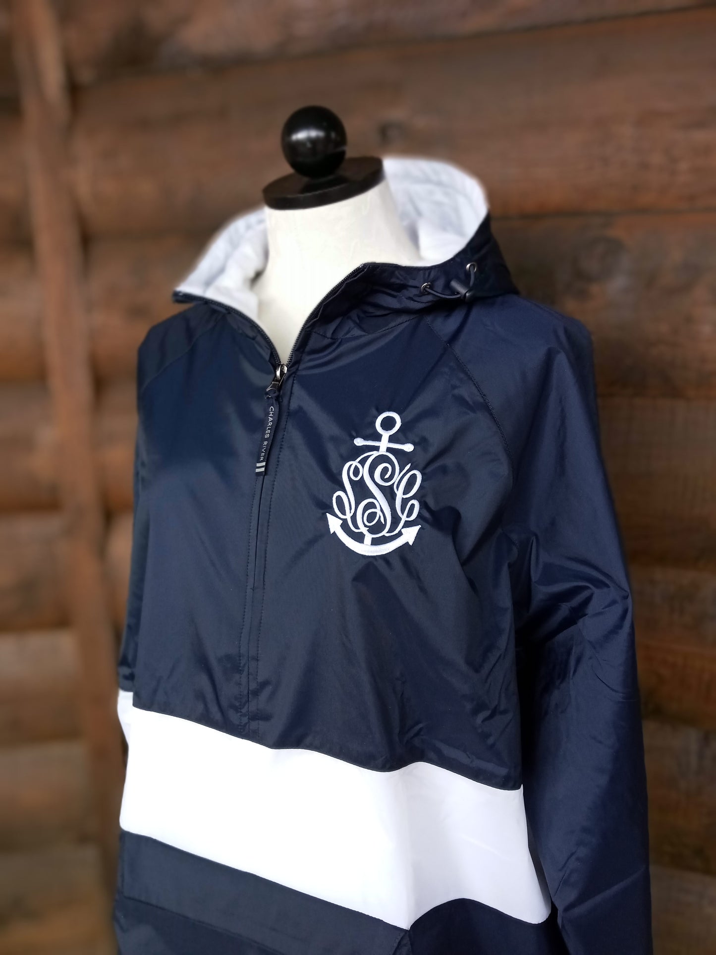 navy white stripe pullover jacket