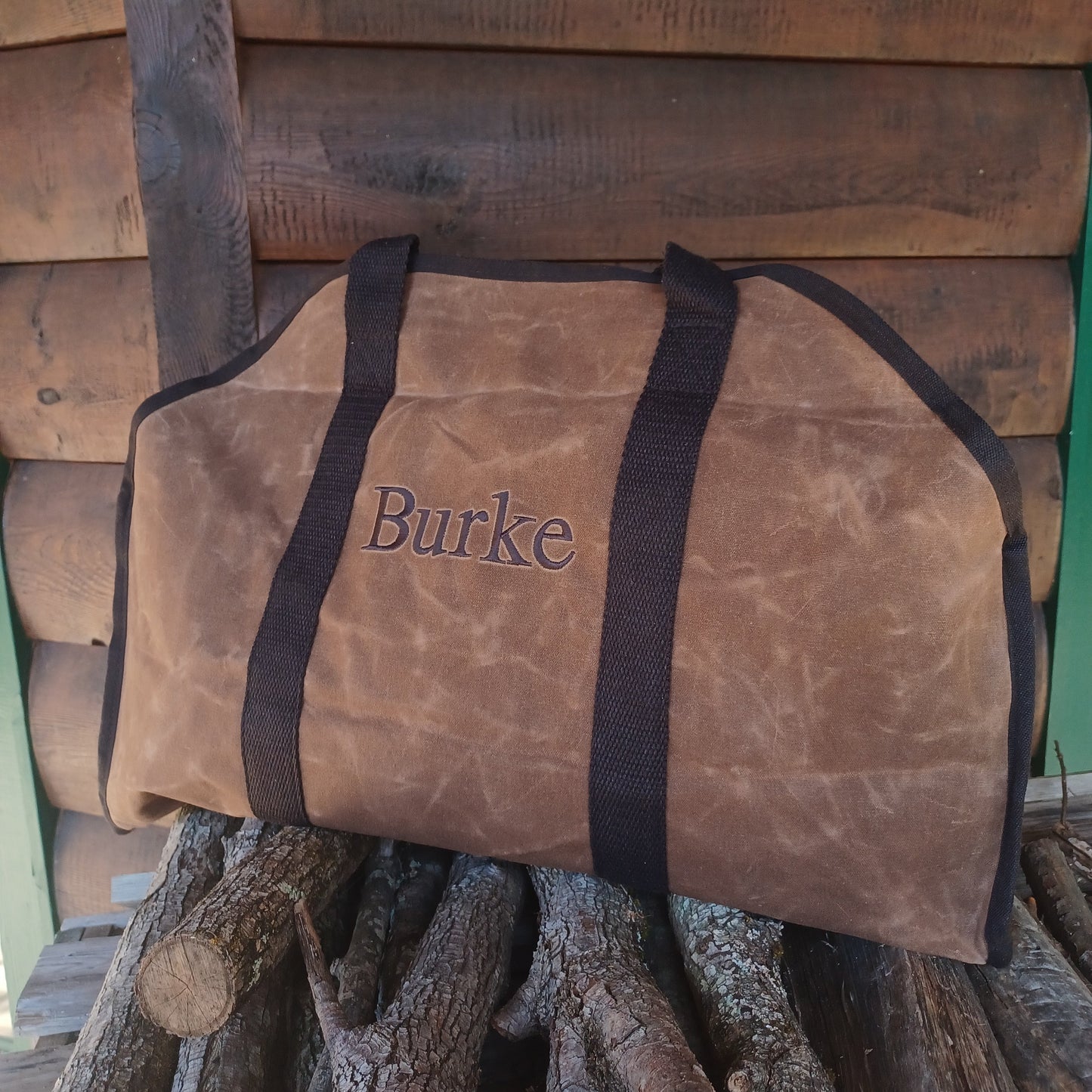 Brown Waxed Canvas Personalized Log Carrier with embroidered family name