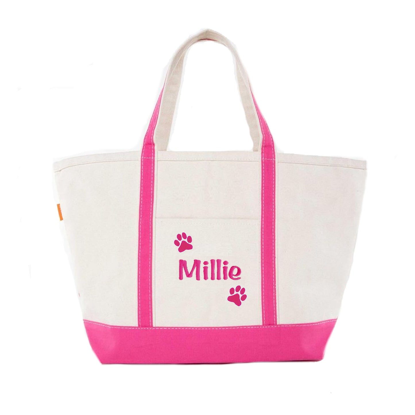 White tote bag with pink accents and name printed on it, on a white background
