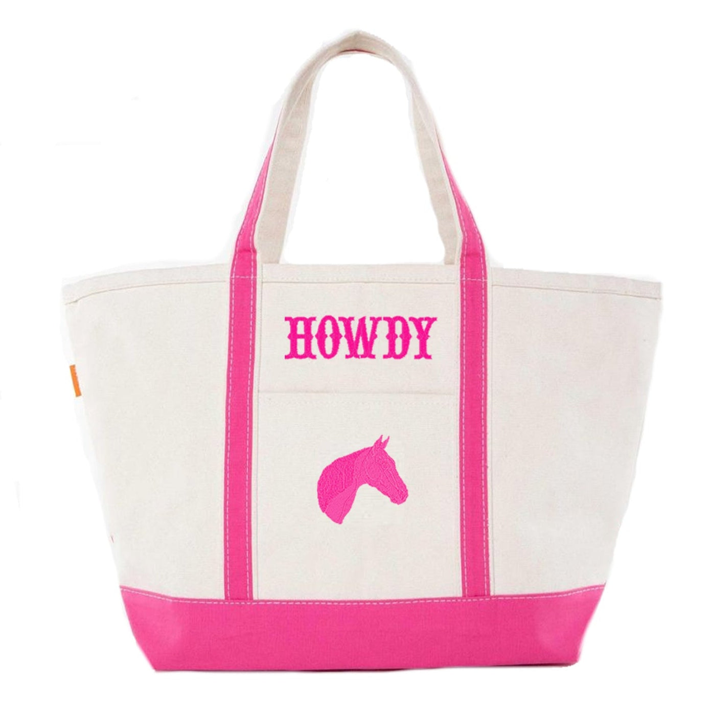 Embroidered Horse Tote bag with pink accents and 'HOWDY' and horse icon on a white background