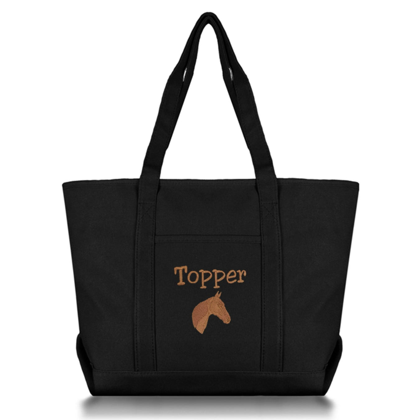black canvas tote with embroidered name and horse image
