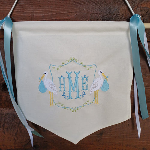 baby banner monogrammed, Stork crest baby monogram, hospital baby photo prop