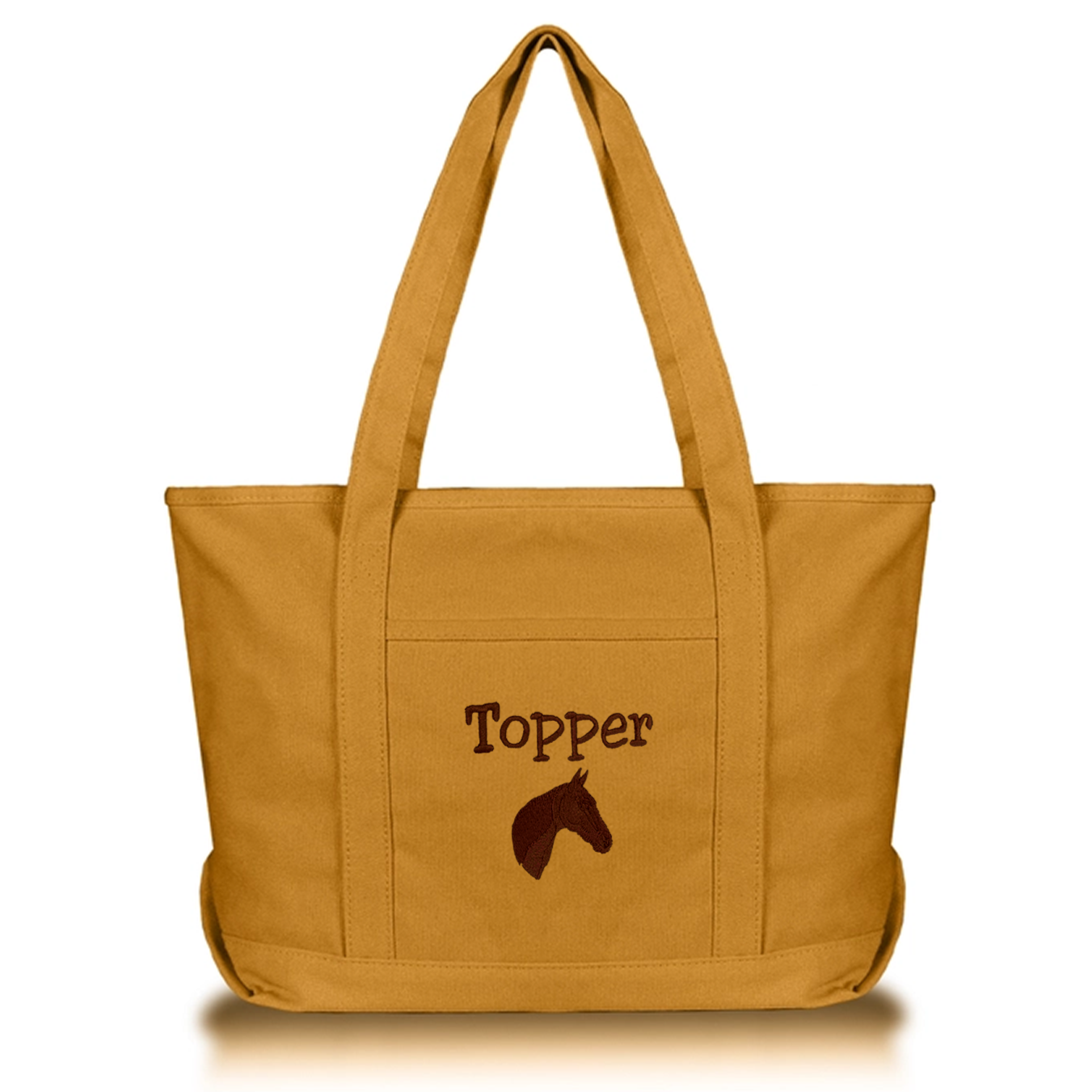 butterscotch gold canvas tote bag with horse image embroidered under name