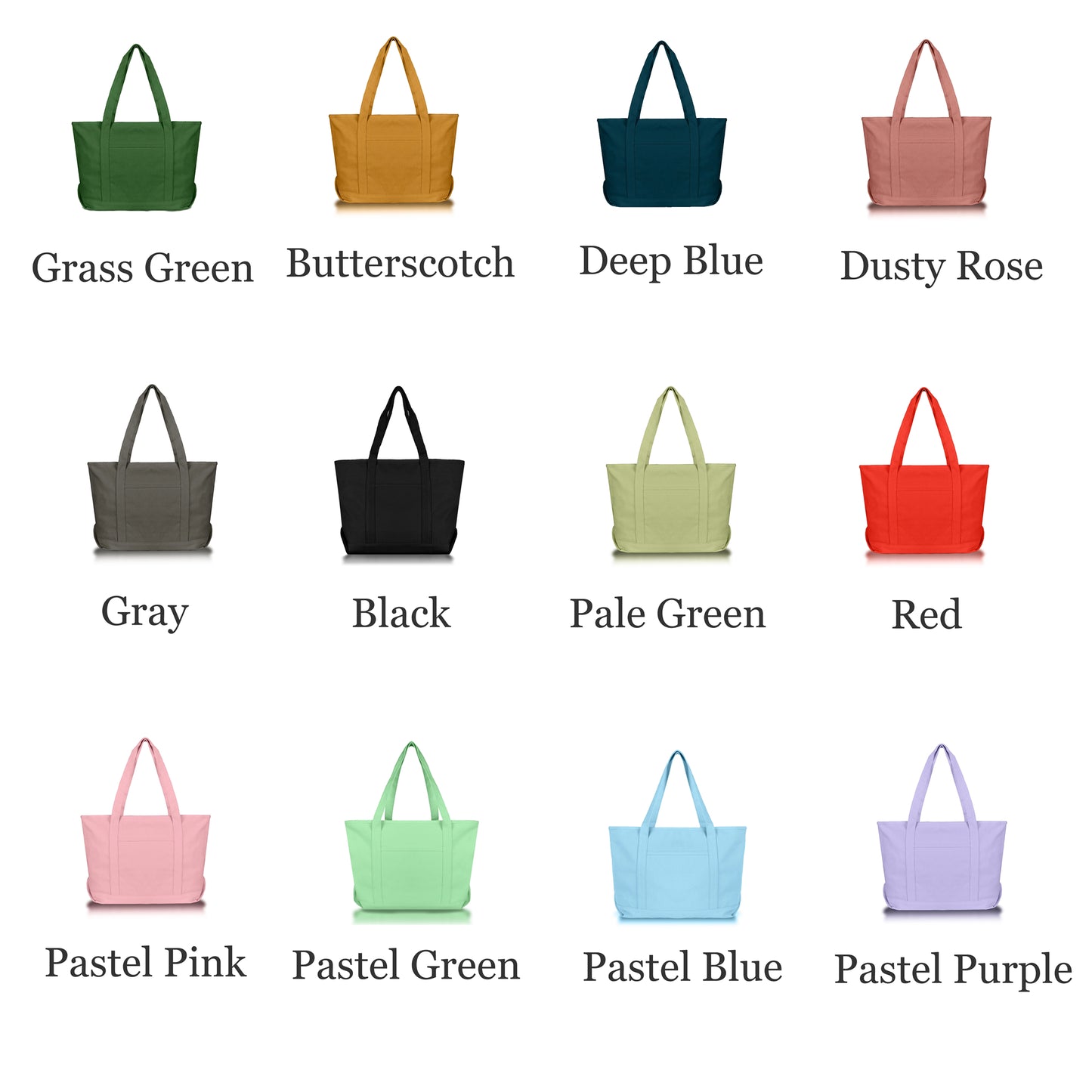 Collection of tote bags in various colors with labels below each bag.