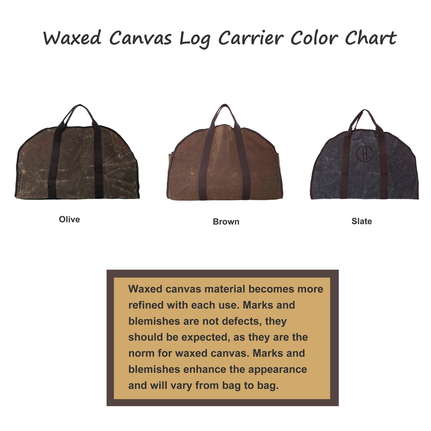 Waxed canvas log carrier color chart