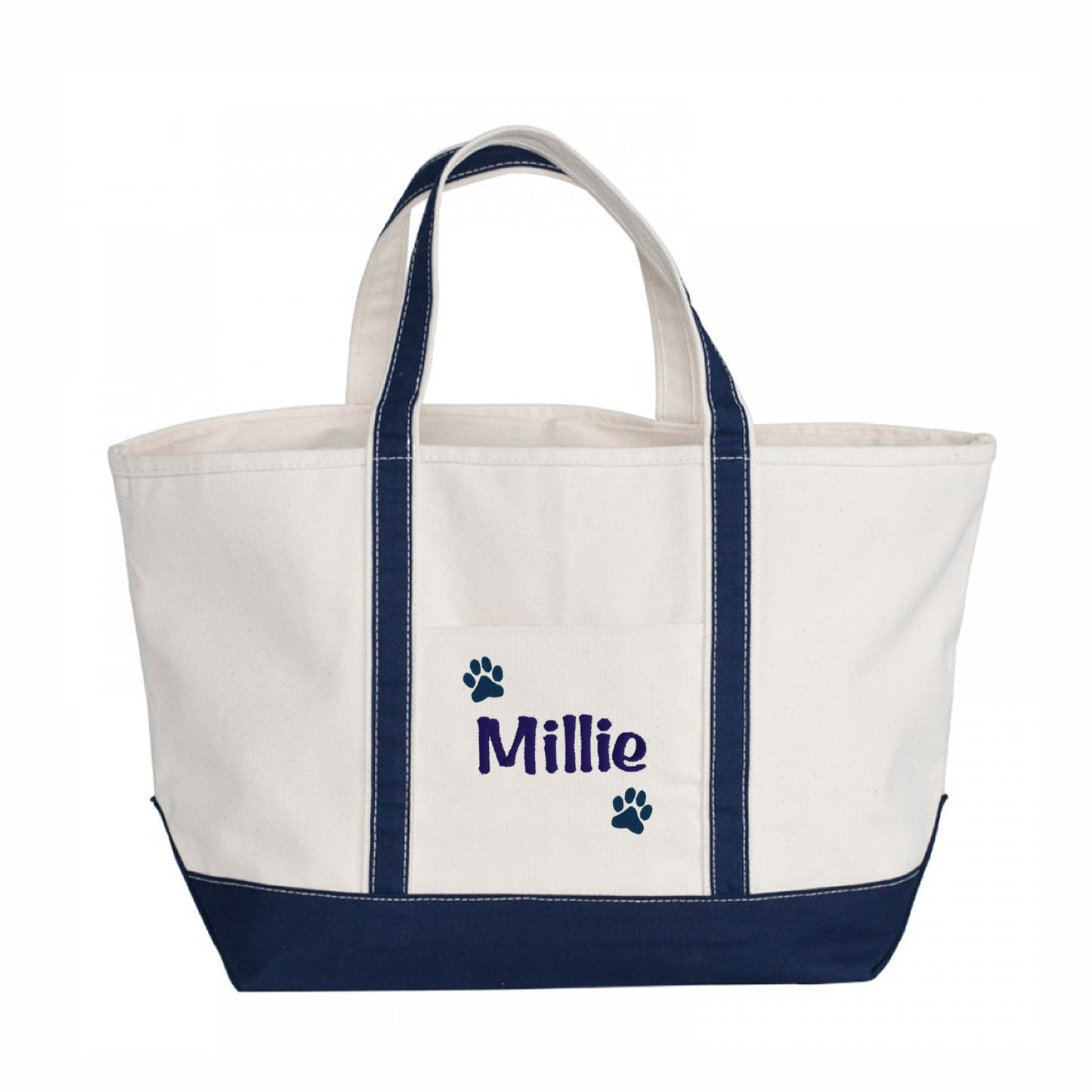 White tote bag with navy accents and name embroidered on a white background