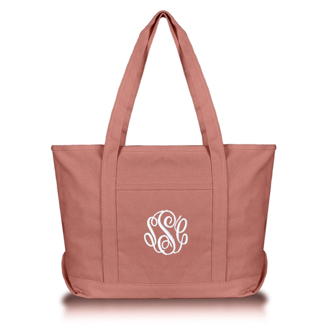 dusty rose canvas tote bag with white embroidered monogram