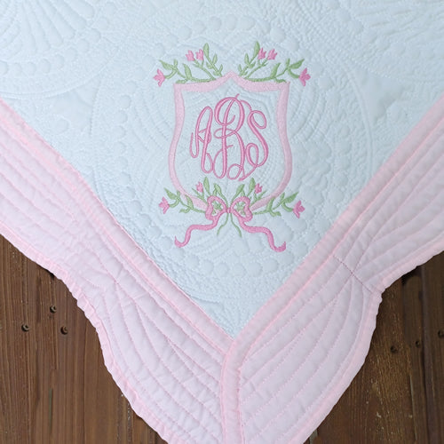 Heirloom Style Baby Quilt with Floral Monogram Crest