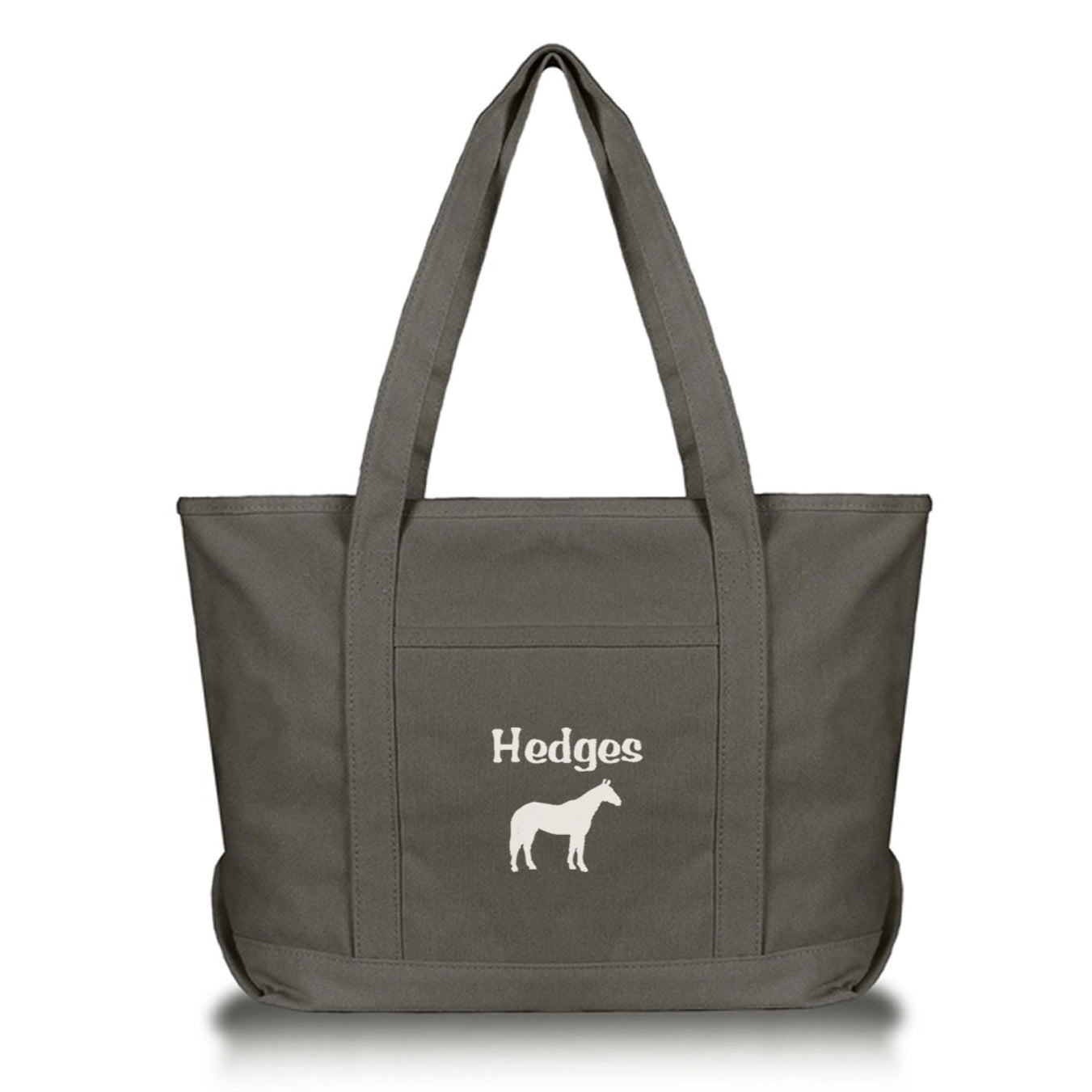 Gray tote bag with name and horse image