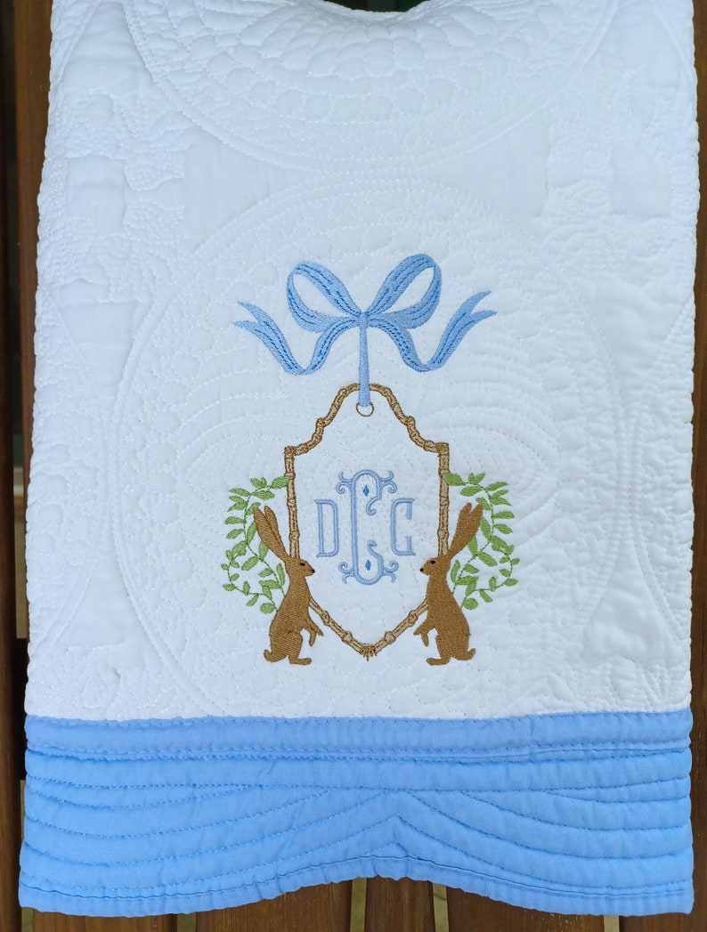 Heirloom Style Baby Quilt with Bunny Rabbit Monogram Crest