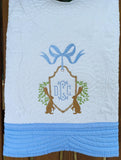 Heirloom Style Baby Quilt with Bunny Rabbit Monogram Crest