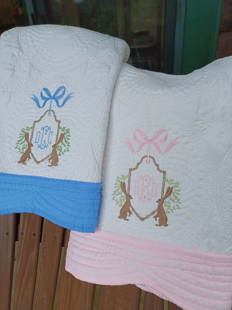 Heirloom Style Baby Quilt with Bunny Rabbit Monogram Crest