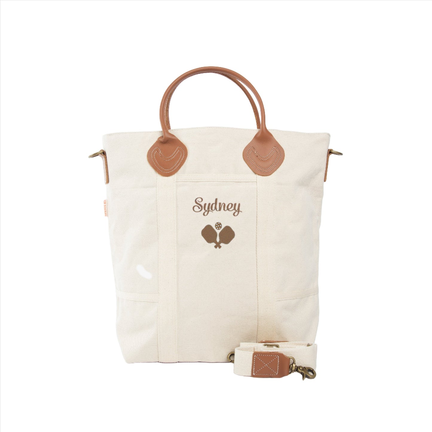 natural canvas pickleball bag with leather handles