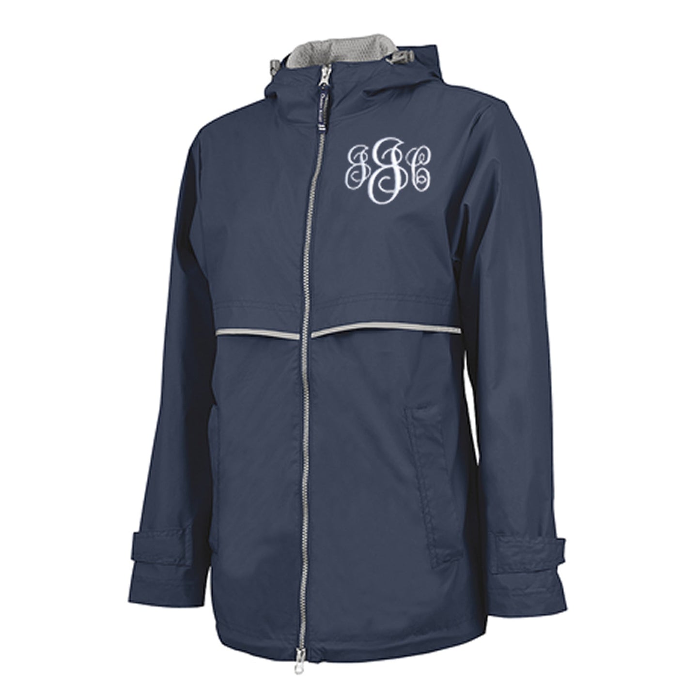Navy raincoat with embroidered monogram Charles River Apparel New Englander Jacket
