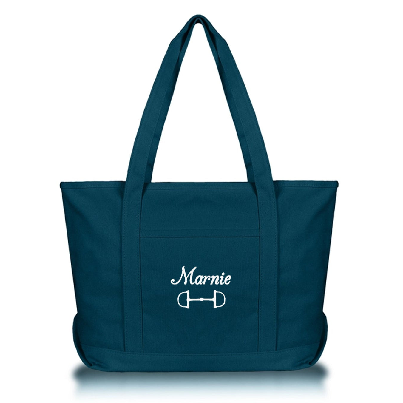 blue competition horse tote with snaffle bit and name embroidered