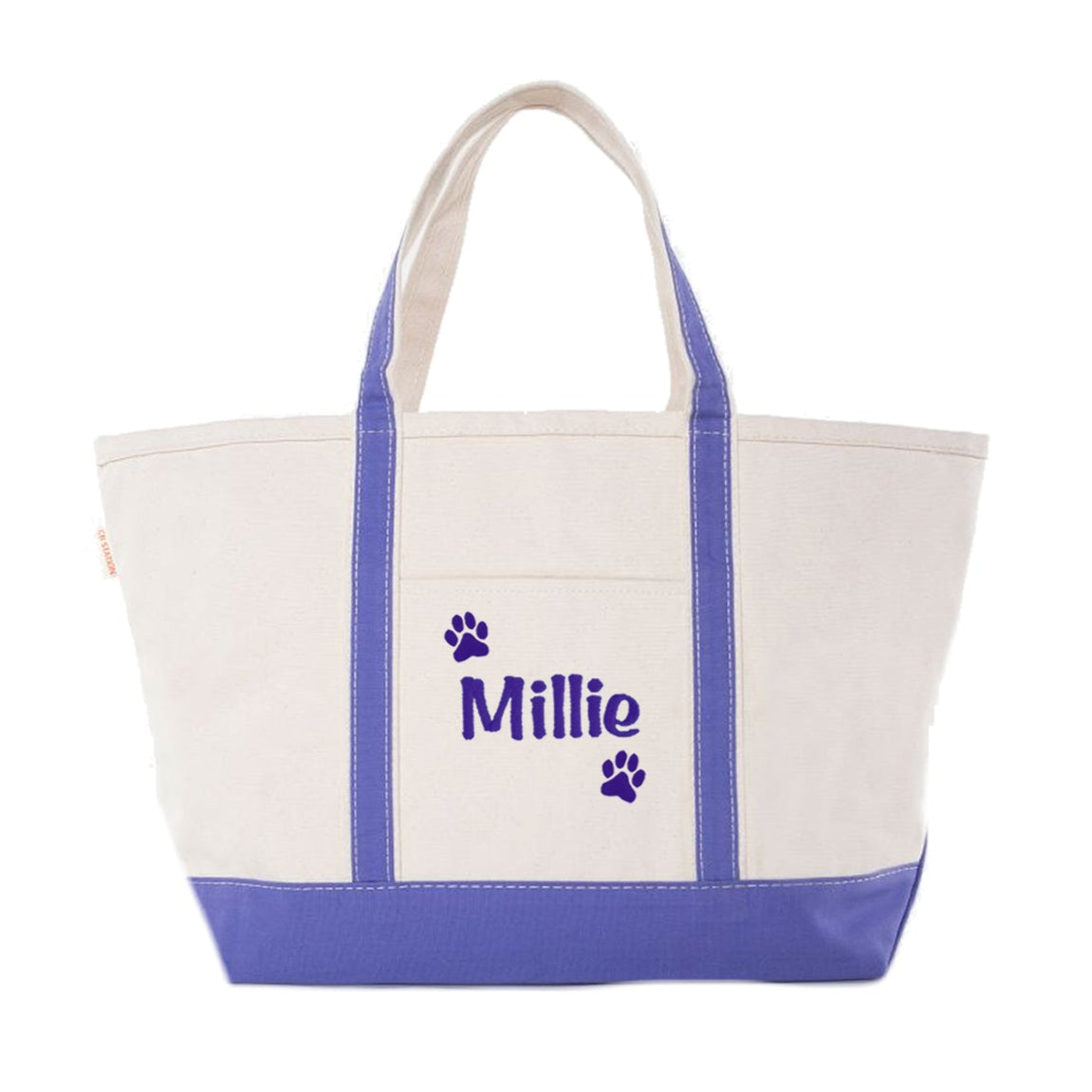 Tote bag with name and paw print design on a white background