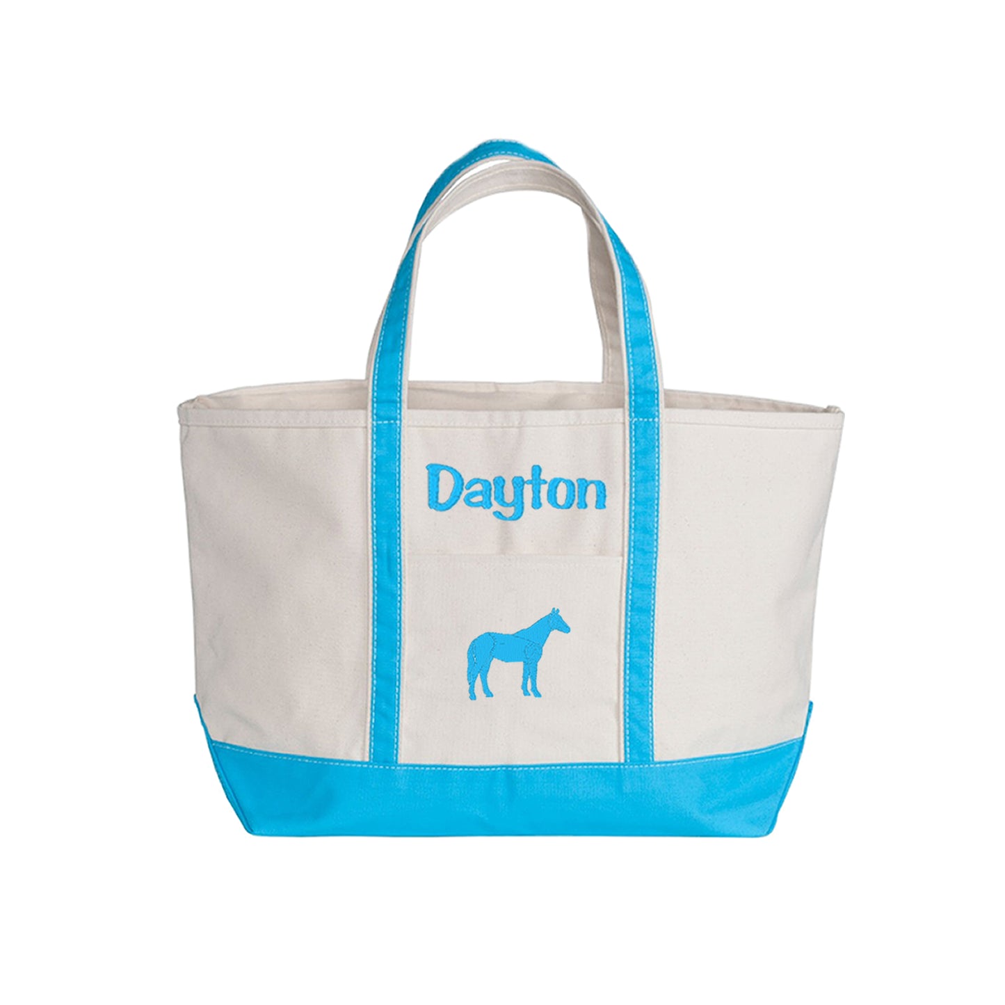 Horse Tote bag with blue accents and 'Dayton' branding on a white background