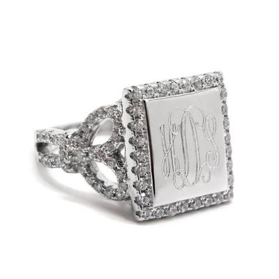 square sterling silver engraved ring with monogram