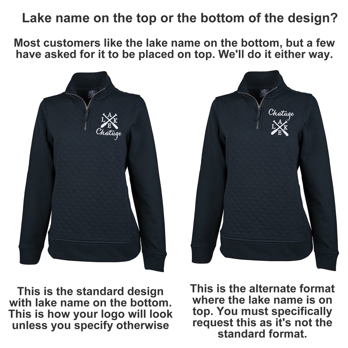 Ladies Quilted Quarter Zip Pullover Sweatshirt With Any Lake Name