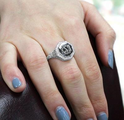 Gold Filled Sterling Silver Engraved Octagon Filigree Ring with CZ