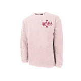 pink corded sweatshirt with embroidered monogram