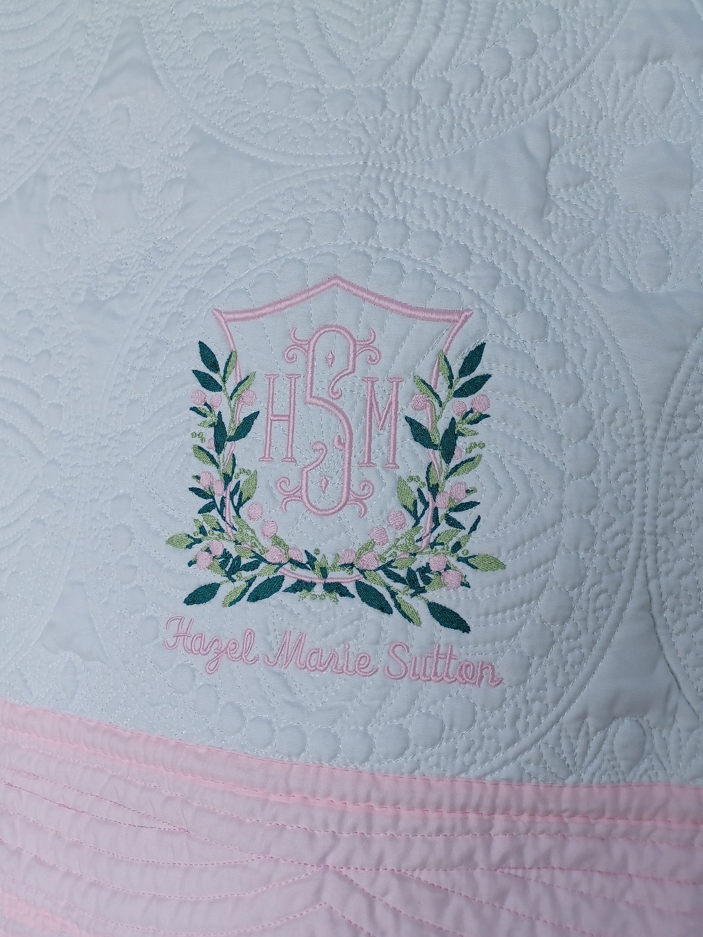 Heirloom Style Baby Quilt with Berry Crest Monogram