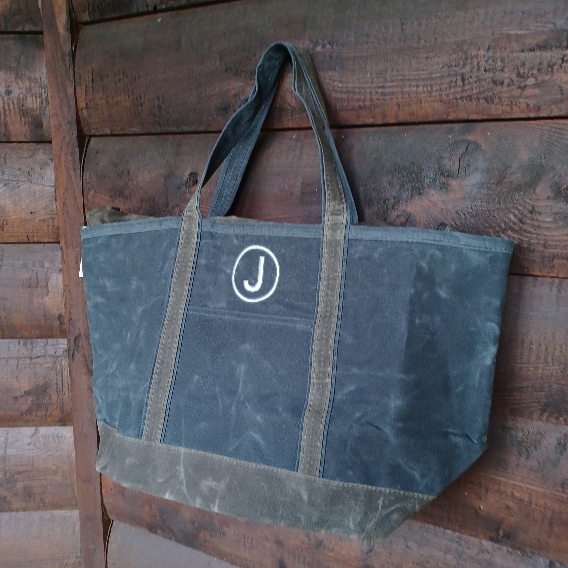 slate waxed canvas tote bag with embroidered personalization