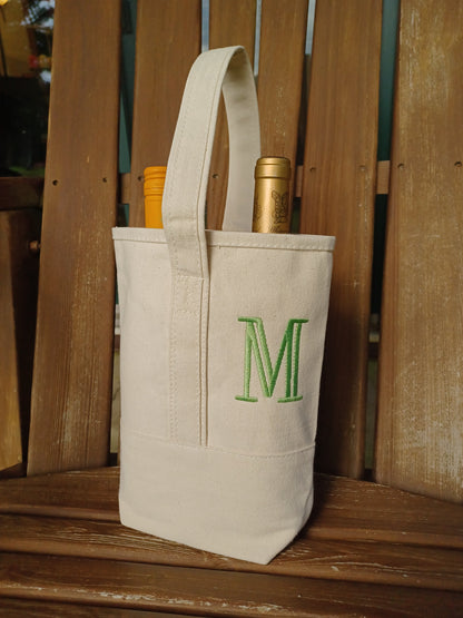 Natural canvas 2 bottle wine tote with an embroidered initial