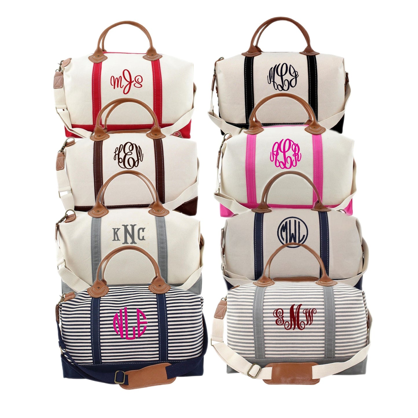 Canvas weekender bags with monograms, weekender travel bags made of canvas and leather handles with a strap and leather and brass accents