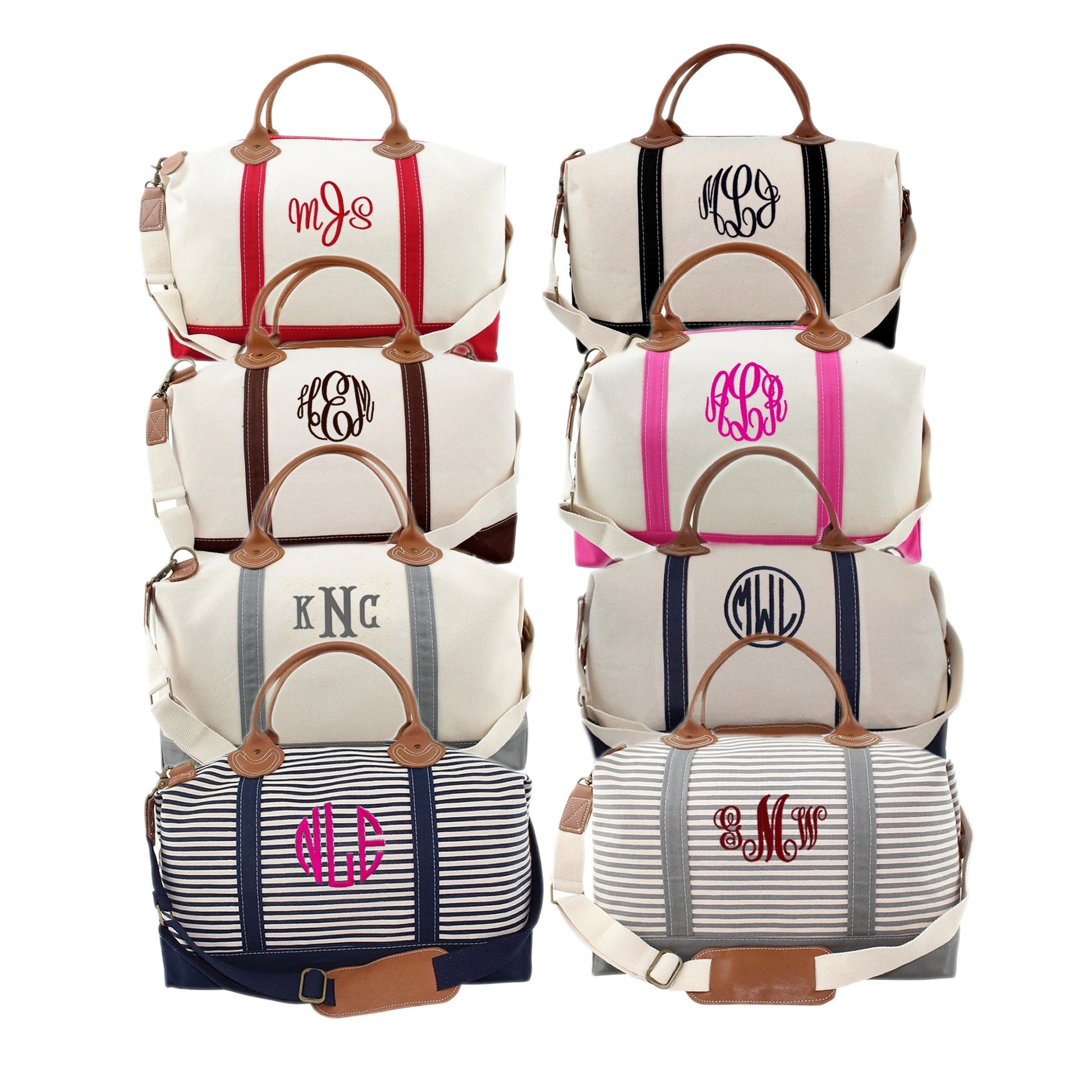 Canvas weekender bags with monograms, weekender travel bags made of canvas and leather handles with a strap and leather and brass accents