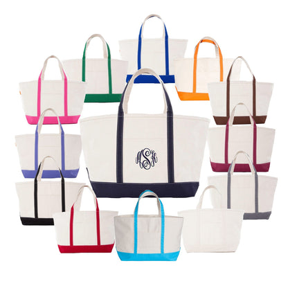 Collection of tote bags with colorful handles on a white background