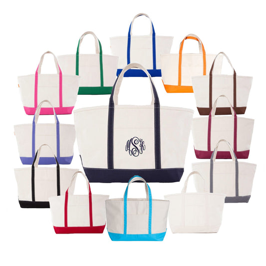 Collection of tote bags with colorful handles on a white background