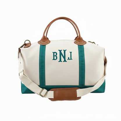 aqua teal weekender travel duffle bag with embroidered monogram
