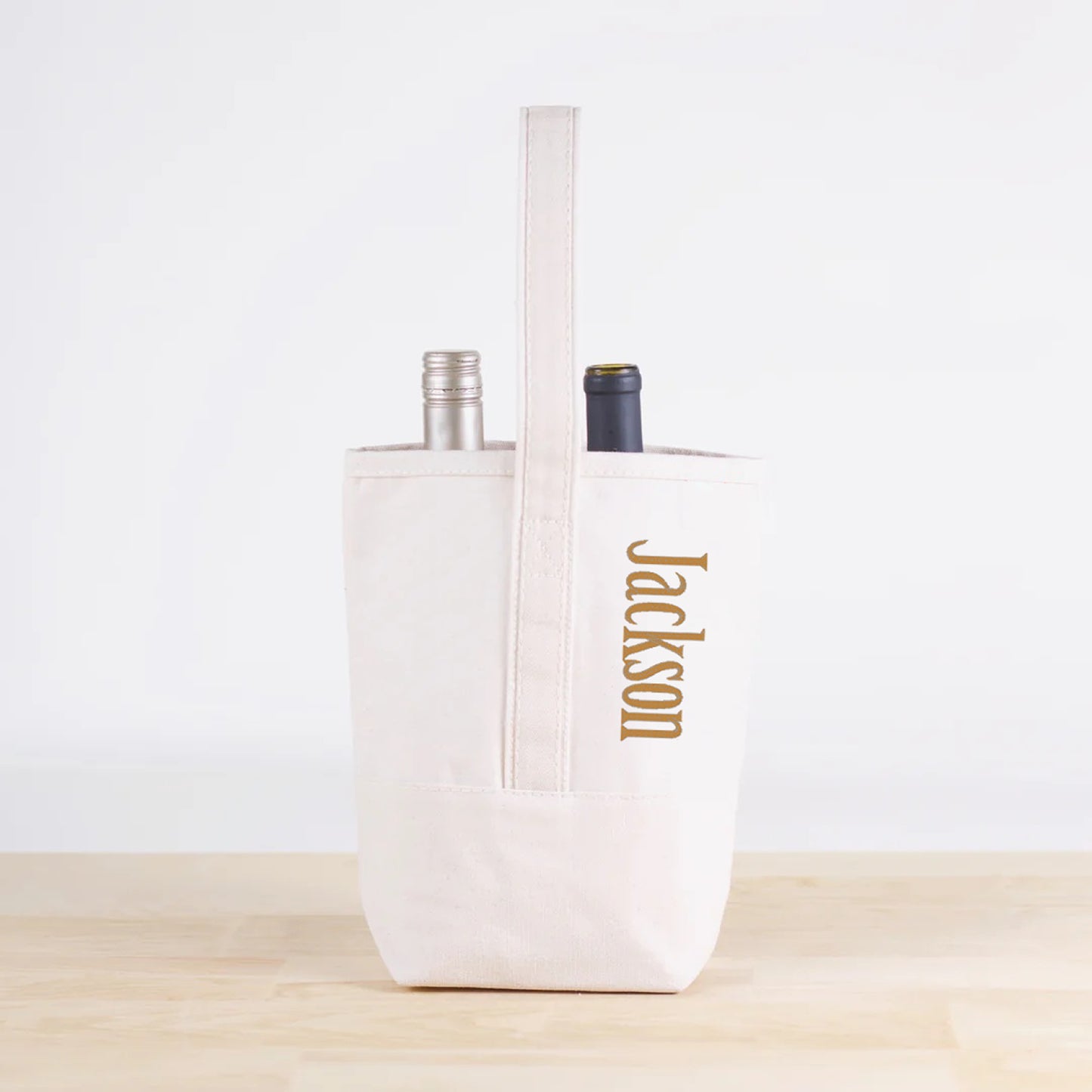 neutral natural canvas 2 bottle wine tote bag with embroidered name