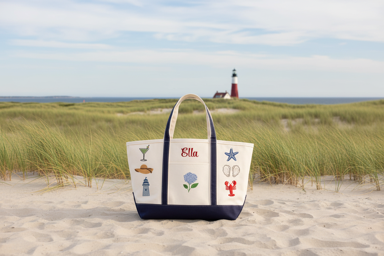 my favorite things patch tote bag with lobster, hydrangea, oysters, star fish, martini, light house, coastal beach bag