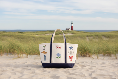 my favorite things patch tote bag with lobster, hydrangea, oysters, star fish, martini, light house, coastal beach bag