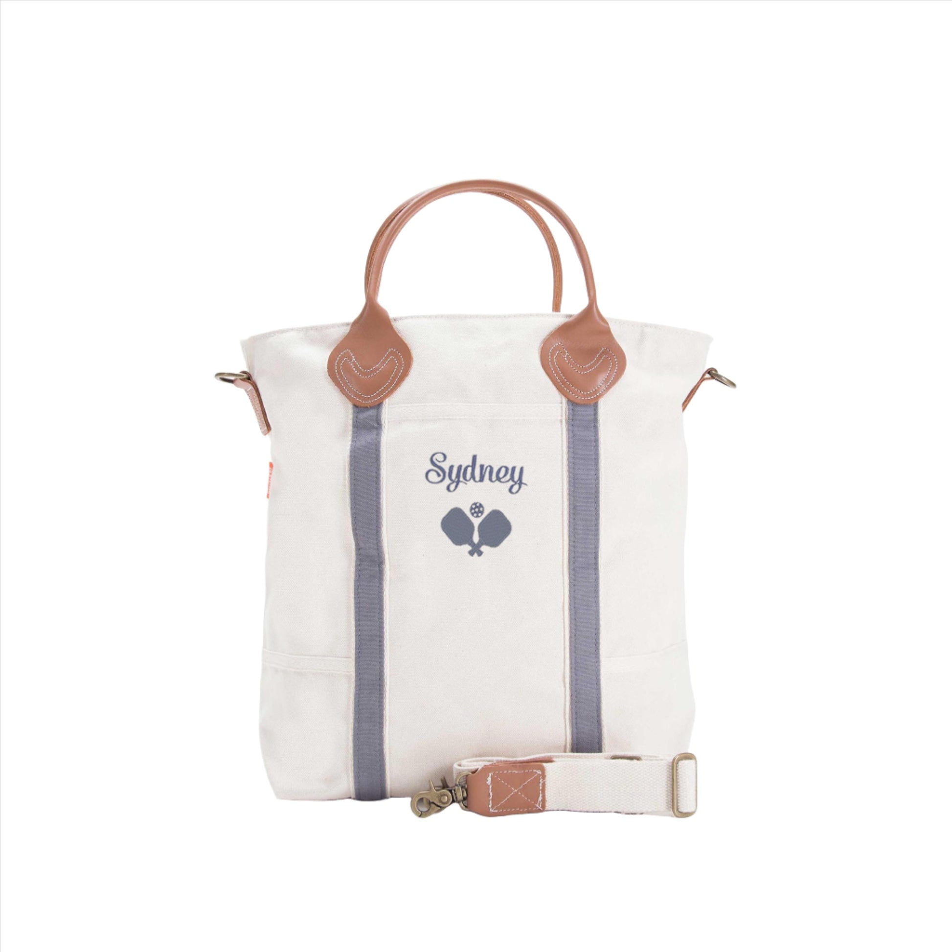 gray pickleball bag with leather handles