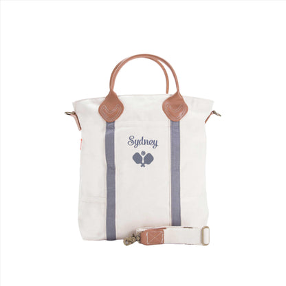 gray pickleball bag with leather handles