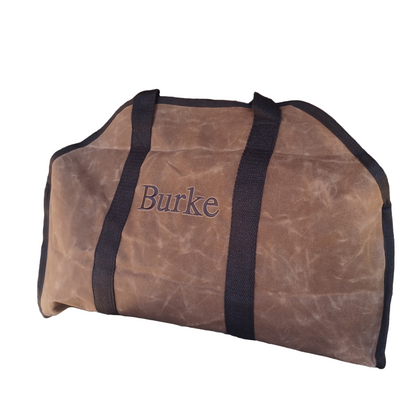 Monogrammed Firewood Bag Carrier with family name embroidered