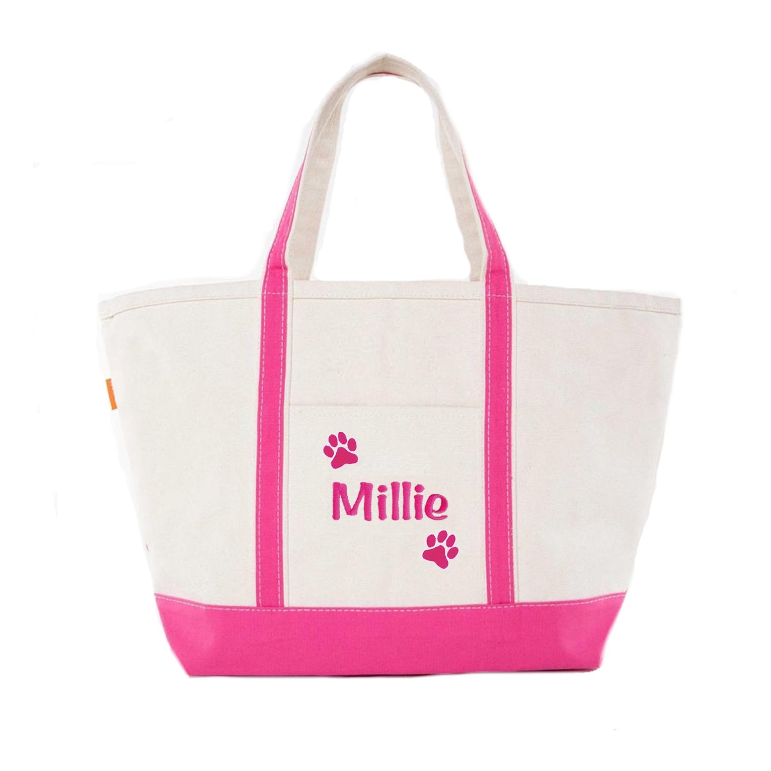 White tote bag with pink accents and name printed on it, on a white background