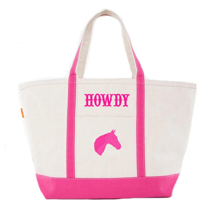 Embroidered Horse Tote bag with pink accents and 'HOWDY' and horse icon on a white background