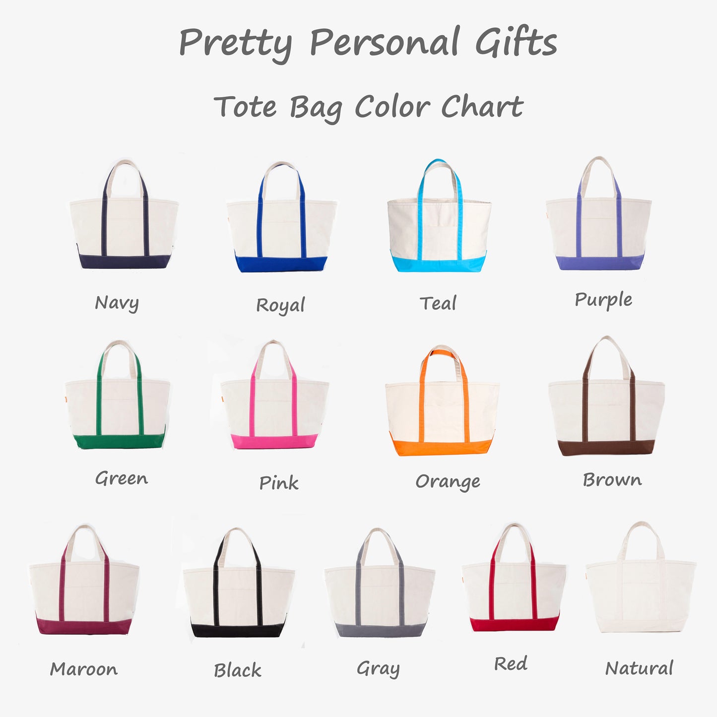 Color chart of tote bags in various colors on a white background