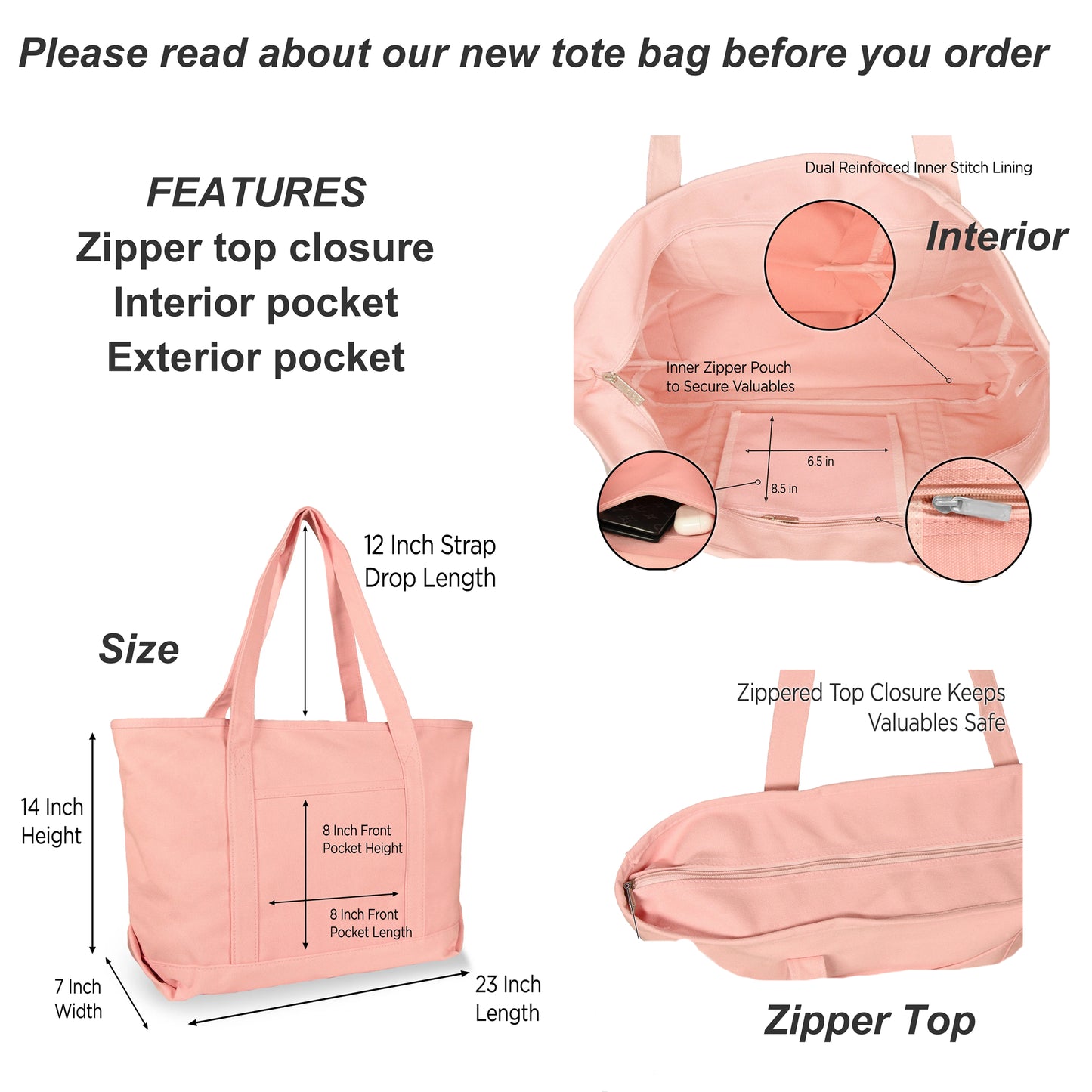 Pink tote bag with features and measurements labeled