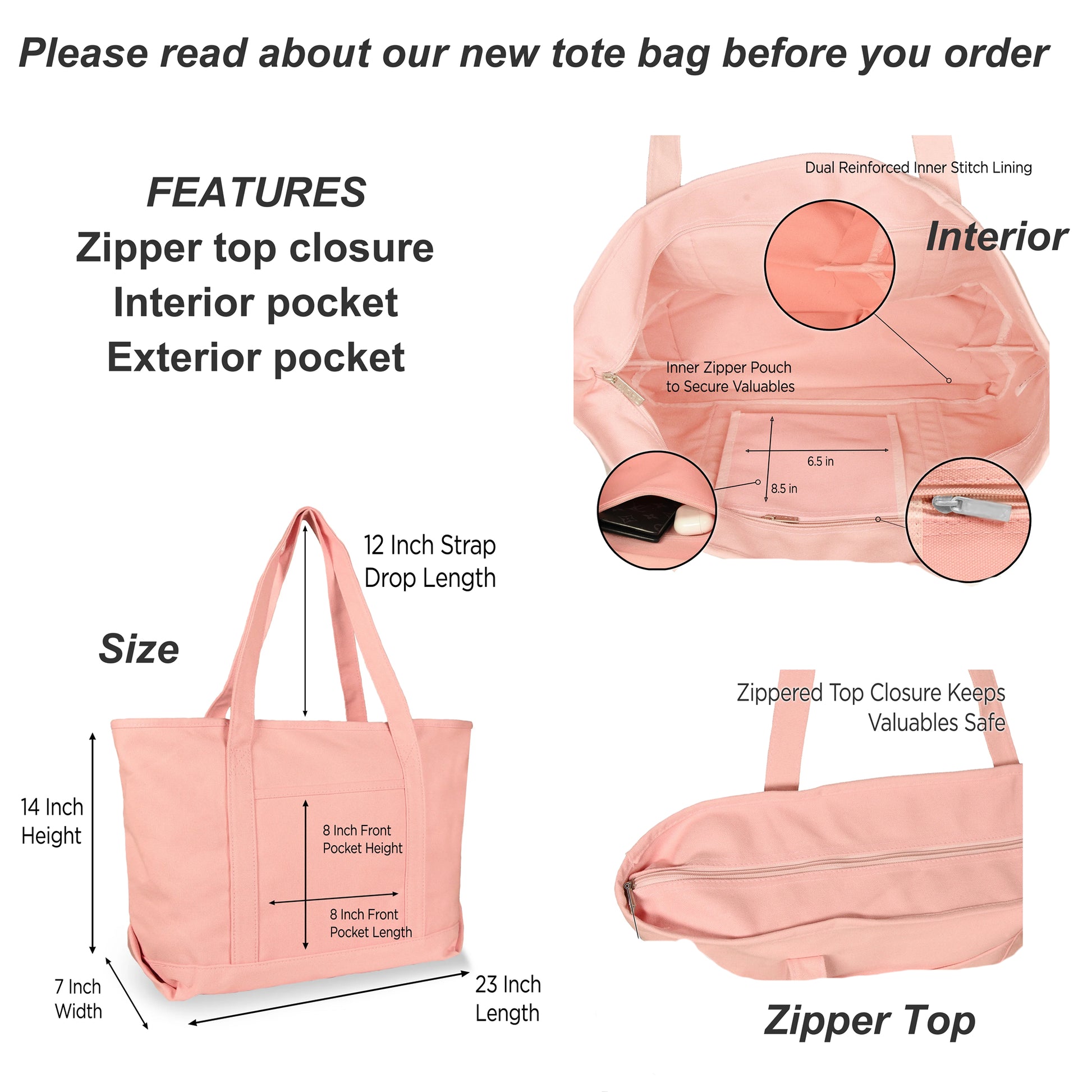 Pink tote bag with features and measurements labeled