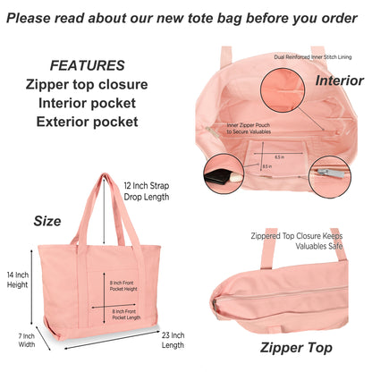 Pink tote bag with features and measurements labeled