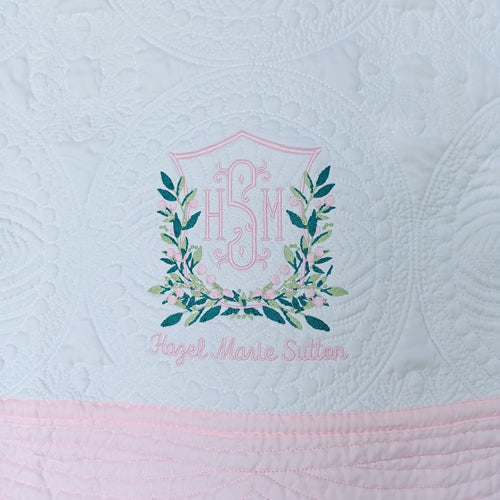 Heirloom Style Baby Quilt with Berry Crest Monogram