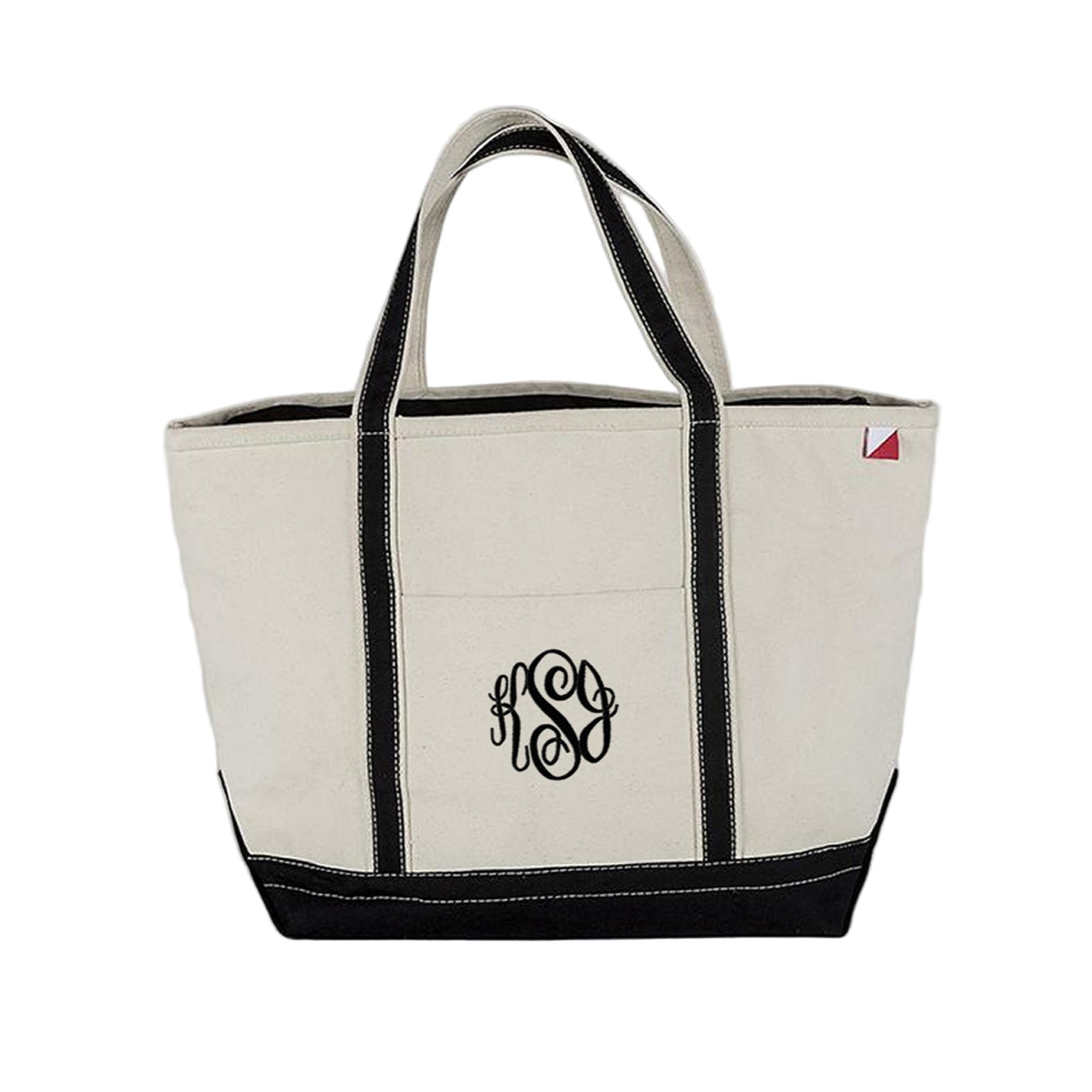 black canvas zipper top tote bag with embroidered monogram